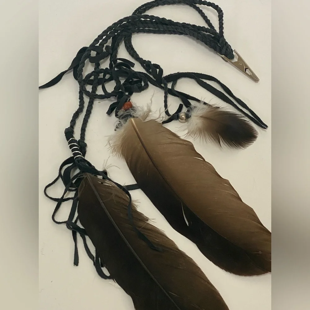 OOAK black leather feather tribal clip set. Festival Burning Man style
